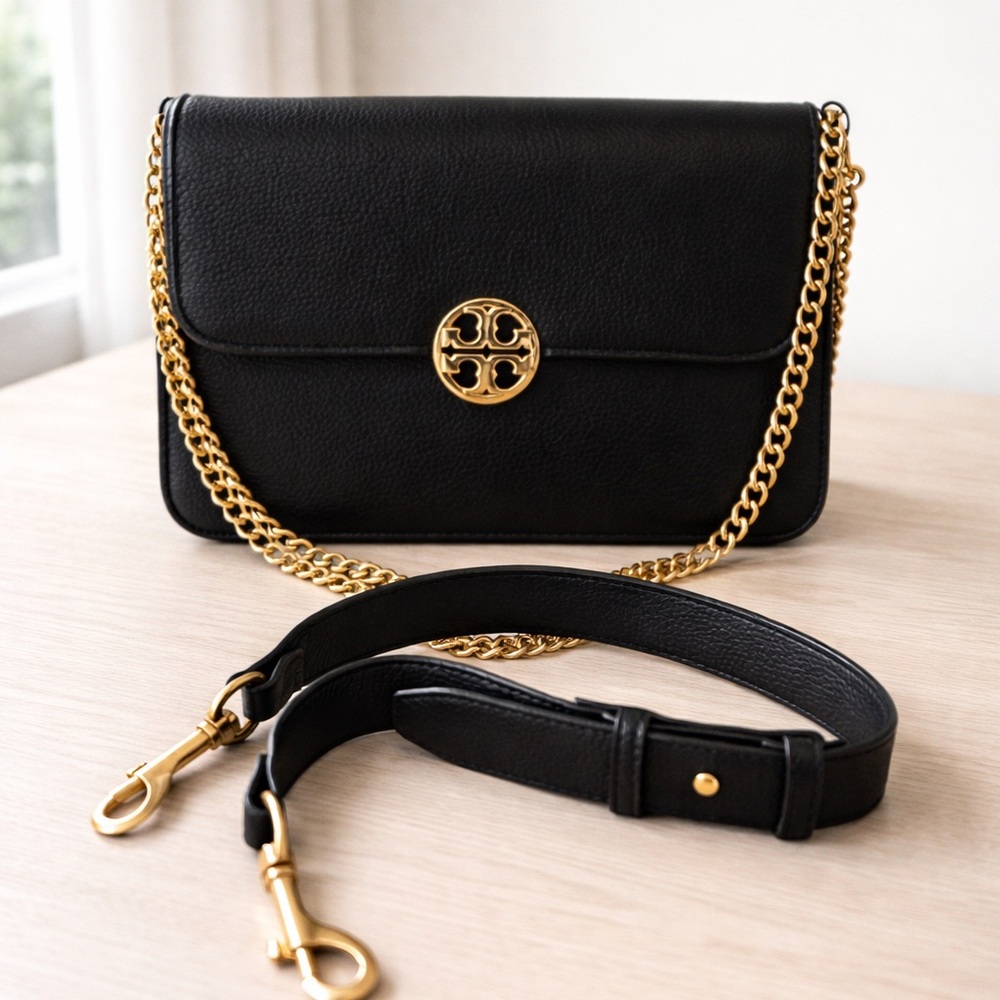 Black Leather Crossbody Bag with Gold Chain Accent